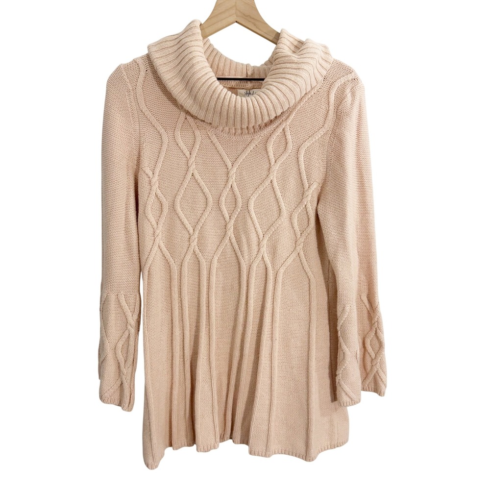 Style & Co Cable Knit Turtleneck Sweater Beige Cozy Cabincore Grandmacore Hygge